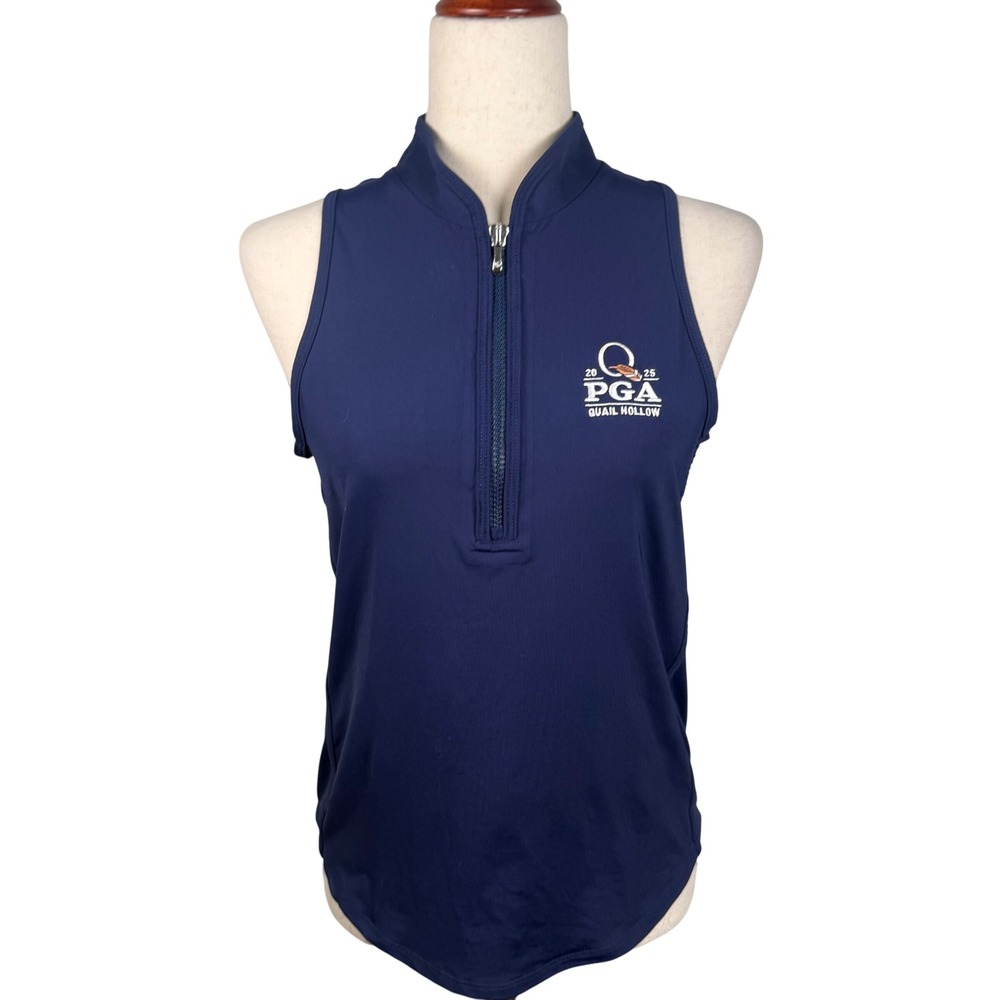 Greyson PGA Quail Hollow Sleeveless Polo Women Size M Navy Blue Golfcore Zip Top